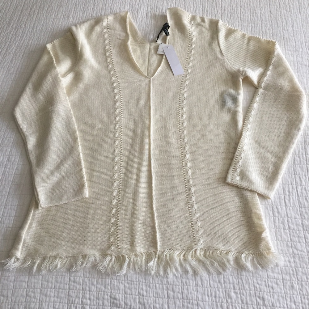 NWT Adrienne Vittadini natural linen vneck sweater w/open detail & fringe hem